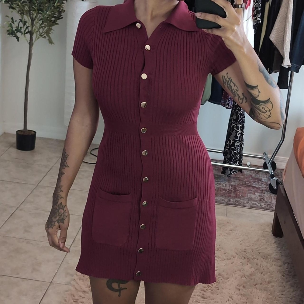 Elegant Burgundy Button-Up Dress